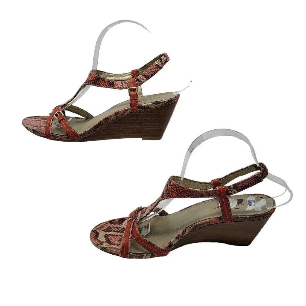 Bandolino Vegan Faux‎ Leather Strappy Wedge Sandals 10 Pink Coral Snake Embossed